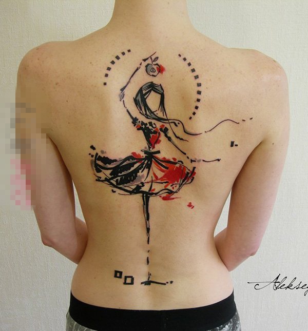 点击大图看下一张：女生背部彩绘素描创意可爱跳舞女生人像纹身图片