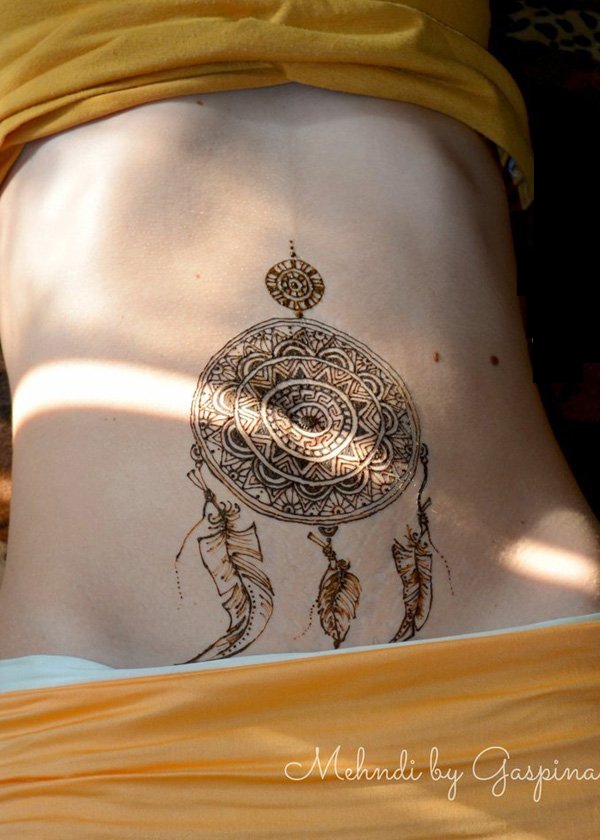 点击大图看下一张：女生腹部黑色几何线条羽毛和捕梦网纹身图片