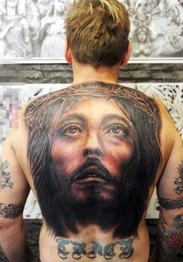 点击大图看下一张：多款关于宗教的黑灰点刺人物肖像耶稣纹身图案
