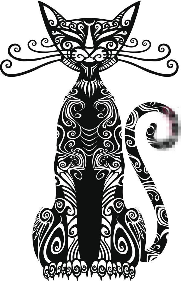 点击大图看下一张：个性的黑色抽象线条小动物猫咪纹身手稿