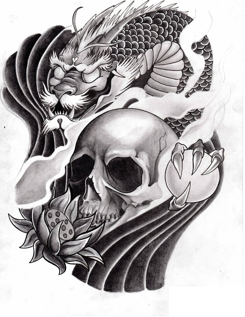 点击大图看下一张：黑灰素描创意骷髅花朵以及龙图腾抽象纹身手稿