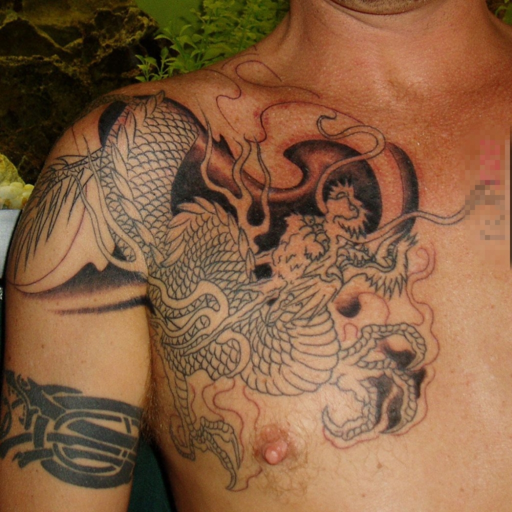 点击大图看下一张：男生胸口上黑色线条素描霸气龙图腾纹身图片