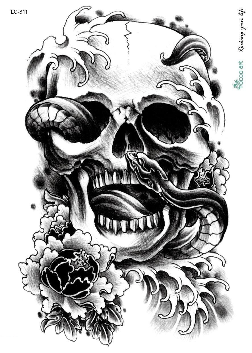 点击大图看下一张：黑灰素描创意蛇和骷髅创意骷髅花朵纹身手稿