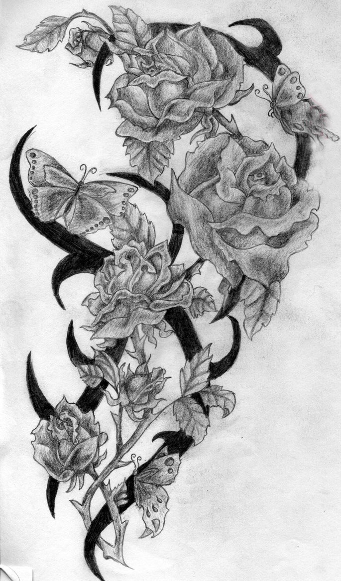点击大图看下一张：黑灰素描创意唯美花朵图腾纹身手稿