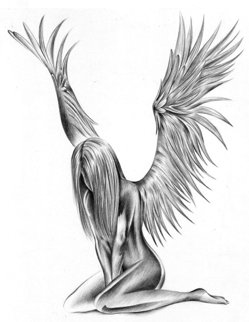 点击大图看下一张：黑灰素描创意唯美天使翅膀女生人物纹身手稿