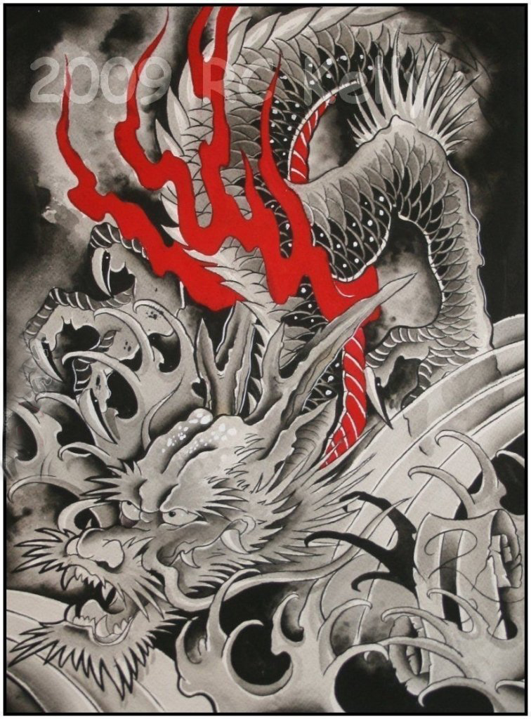 点击大图看下一张：红黑素描创意霸气经典龙图腾纹身手稿