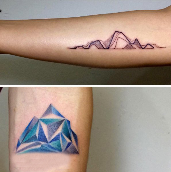 点击大图看下一张：女生手臂上彩绘点刺技巧线条几何山脉纹身图片
