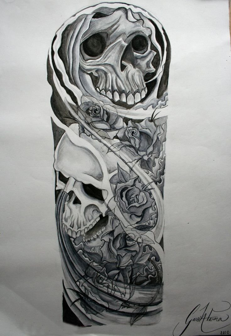 点击大图看下一张：黑灰素描创意骷髅花朵花臂纹身手稿