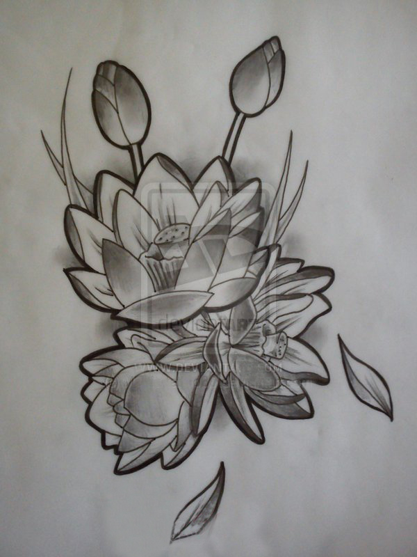 点击大图看下一张：纯洁无暇的黑色抽象线条植物莲花纹身手稿