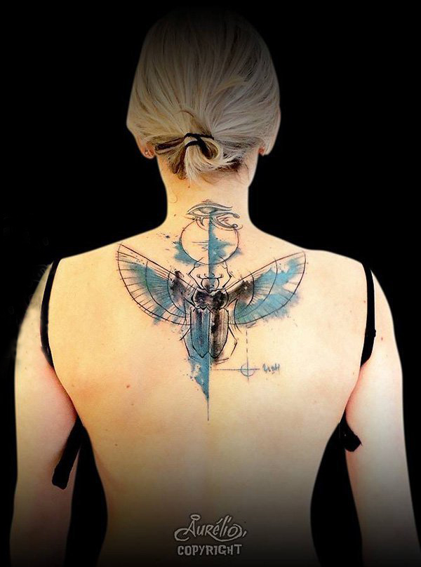 点击大图看下一张：女生背部彩绘水彩泼墨创意抽象老鹰纹身图片