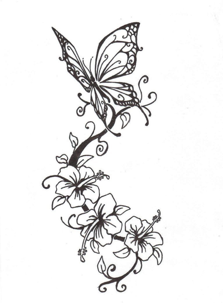 点击大图看下一张：黑色线条文艺小清新唯美蝴蝶和花朵纹身手稿