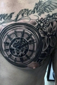 男生胸口上黑色素描点刺技巧创意钟表纹身图片