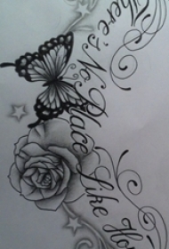 黑灰素描创意唯美蝴蝶和玫瑰纹身手稿