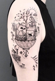 女生手臂上黑色线条几何元素创意天空城纹身图片