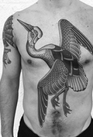 男生胸口上黑色线条素描创意动物鹤纹身图片