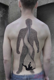 男生后背上黑色点刺抽象线条人物轮廓纹身图片