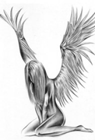 黑灰素描创意唯美天使翅膀女生人物纹身手稿