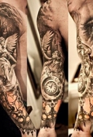 男生手臂上黑色素描点刺技巧创意个性花臂纹身图案