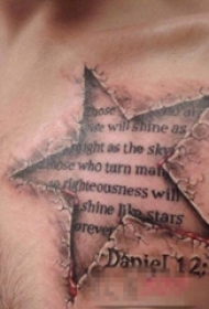 男生胸上黑灰色个性星星轮廓与英文句子纹身图片