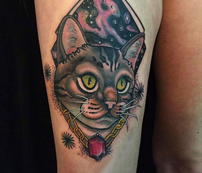 点击大图看下一张：女生大腿上彩绘水彩素描创意可爱猫咪纹身图案