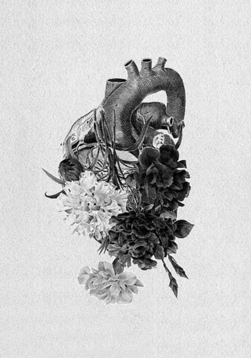 点击大图看下一张：个性的黑色点刺创意植物花朵和心脏纹身手稿