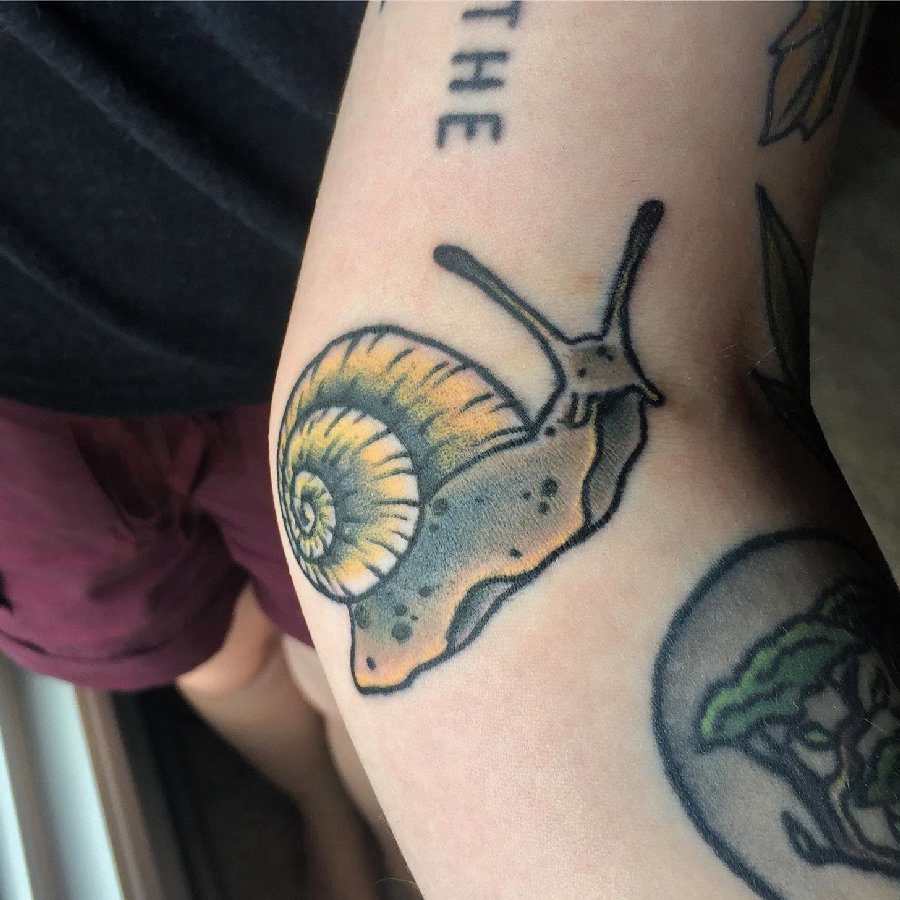 点击大图看下一张：男生手臂上彩绘抽象线条小动物蜗牛纹身图片