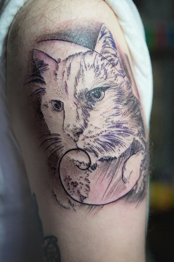 点击大图看下一张：男生手臂上黑灰点刺简单线条猫咪纹身图片