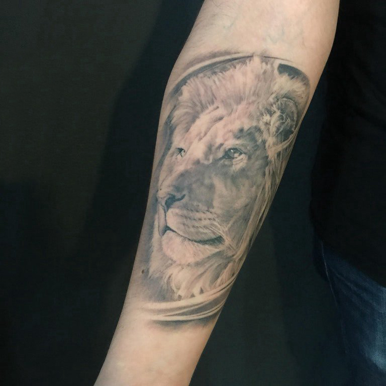 点击大图看下一张：男生手臂上黑灰素描创意霸气狮子纹身图片