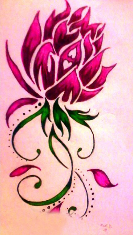 点击大图看下一张：漂亮的彩绘简单线条植物唯美花朵纹身手稿