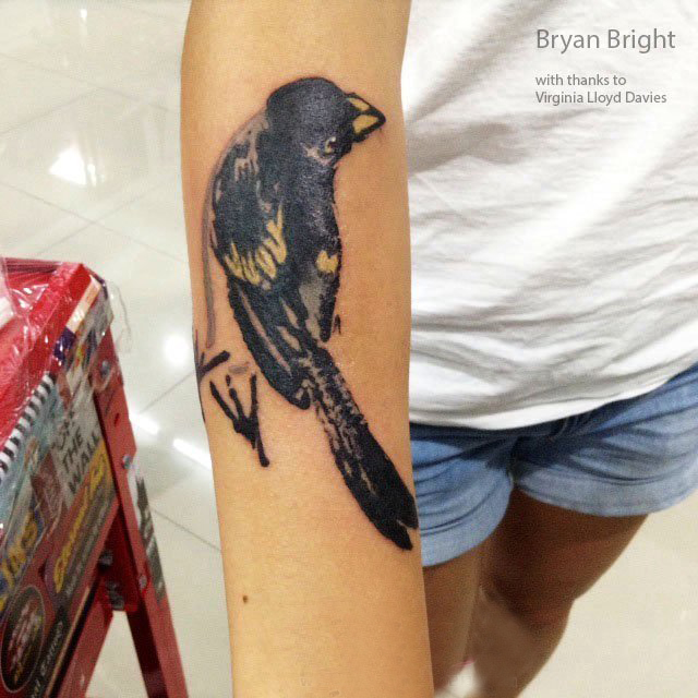 点击大图看下一张：男生手臂上黑灰素描创意可爱小鸟纹身图片