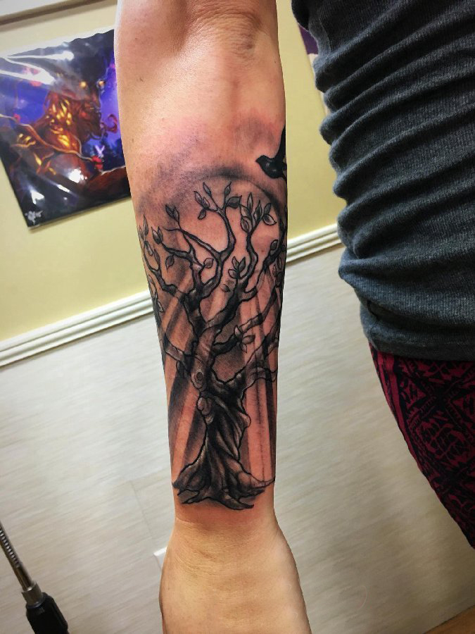 点击大图看下一张：男生手臂上黑灰素描点刺技巧创意树纹身图片
