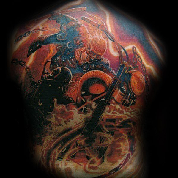 点击大图看下一张：霸气的彩绘抽象线条火焰和幽灵骑士纹身图案