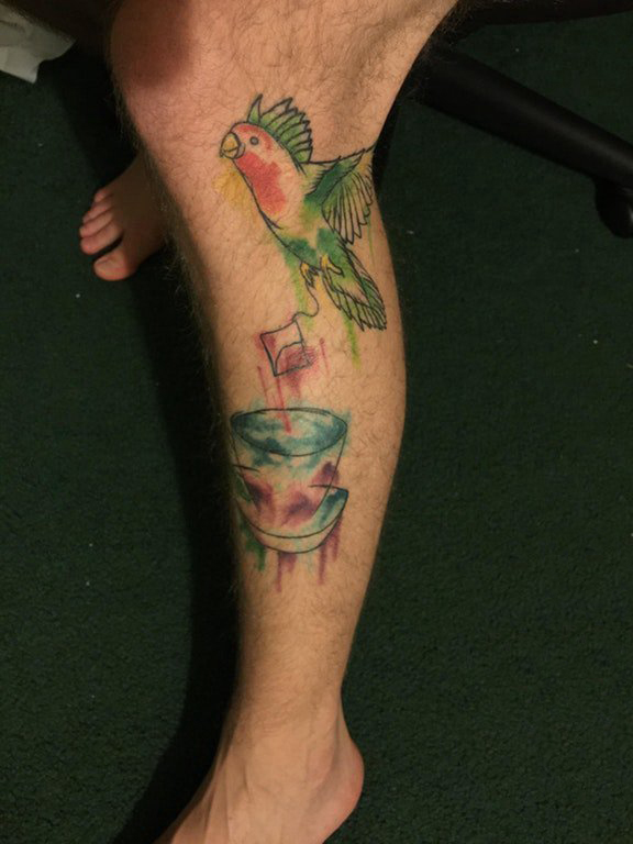 点击大图看下一张：男生小腿上彩绘水彩素描可爱小鸟纹身图片