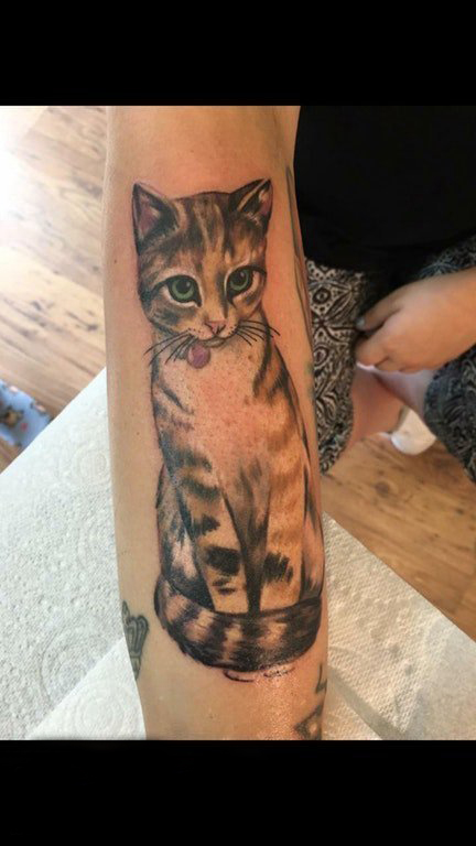 点击大图看下一张：女生手臂黑灰素描可爱站立小猫纹身图案