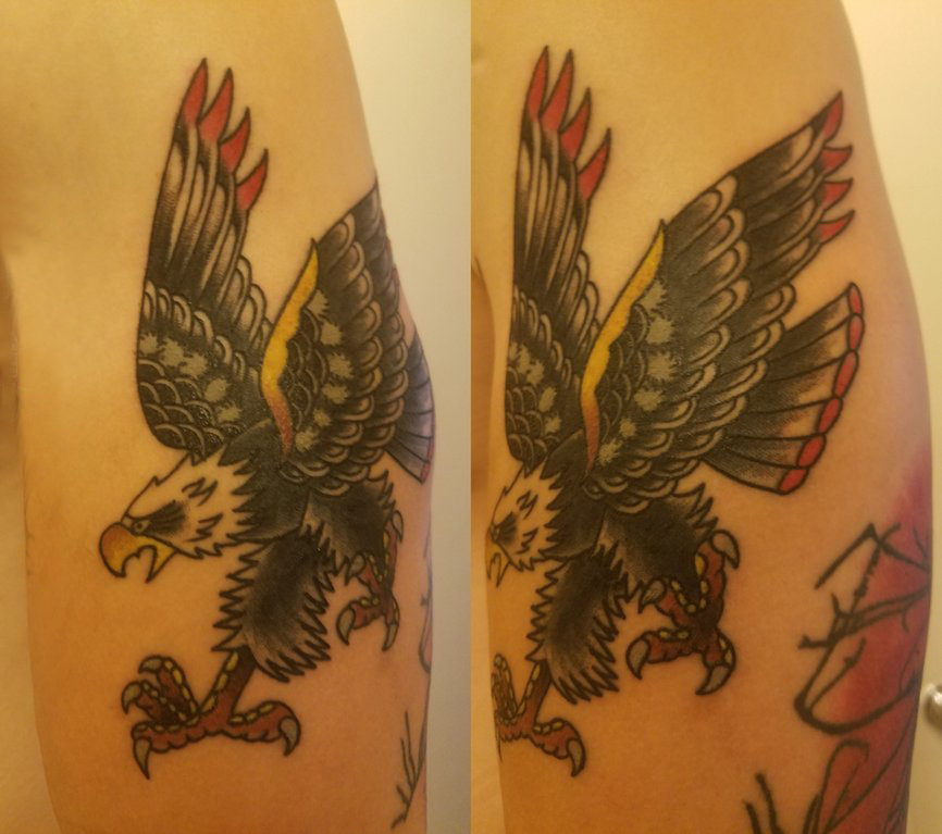 点击大图看下一张：男生手臂上彩绘水彩素描创意霸气老鹰精致纹身图片