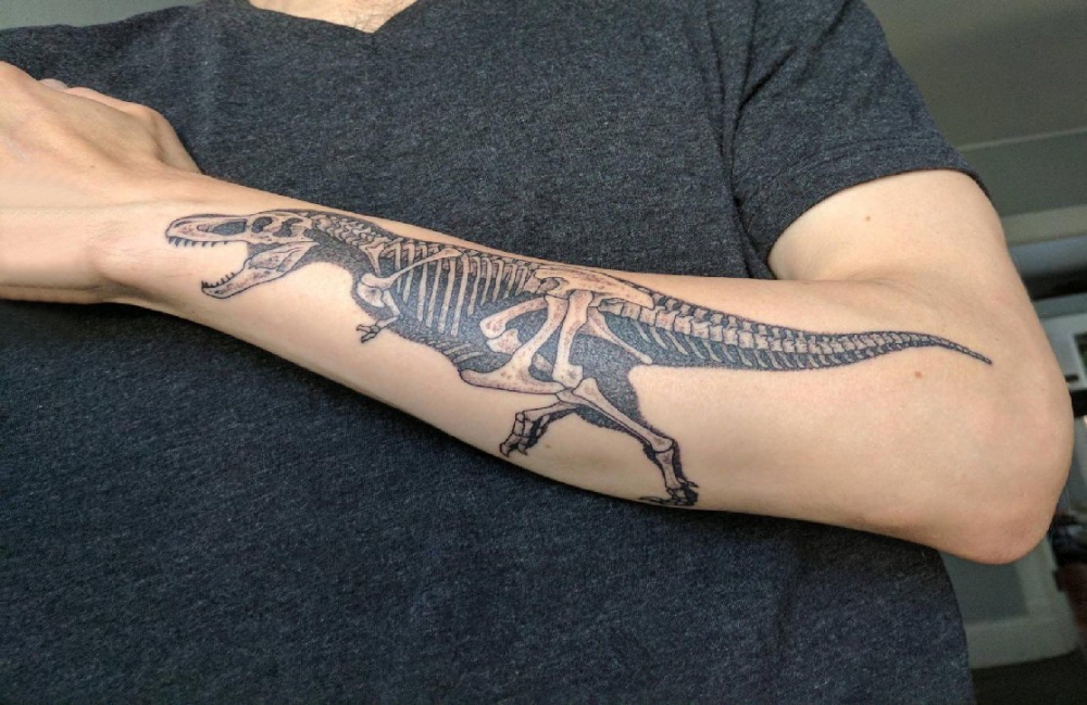 点击大图看下一张：男生手臂上黑灰素描骨头恐龙纹身图片