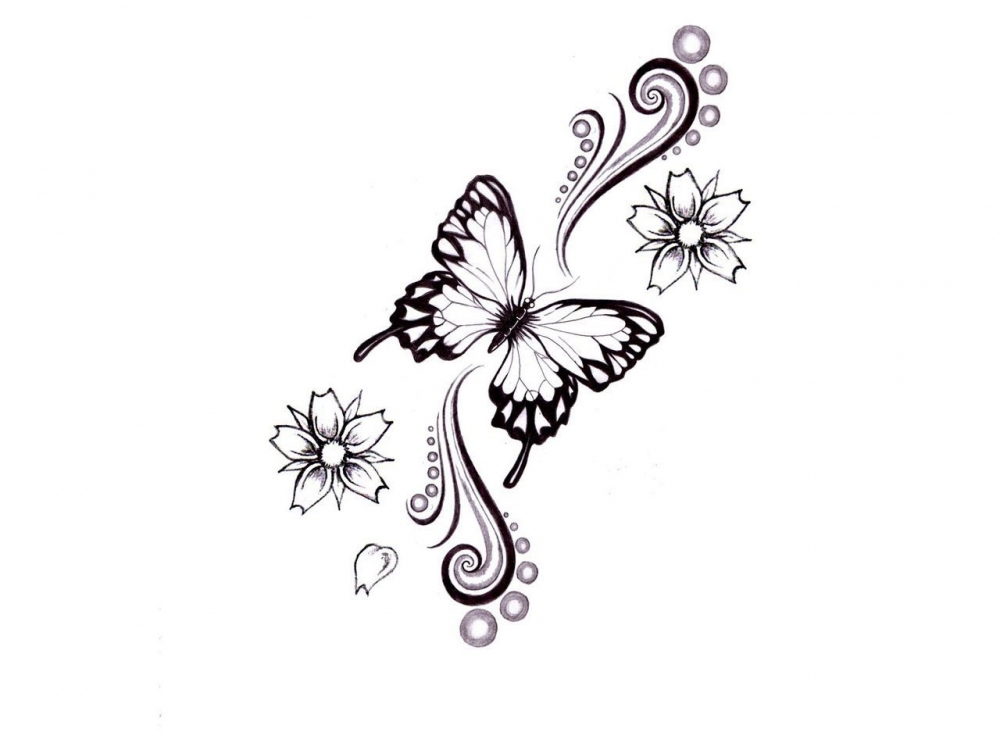点击大图看下一张：唯美的黑色点刺植物文艺花朵和小动物蝴蝶纹身手稿