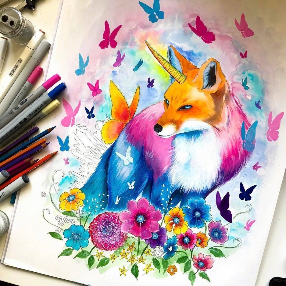 点击大图看下一张：彩绘水彩七彩泼墨创意唯美浪漫可爱狐狸纹身手稿