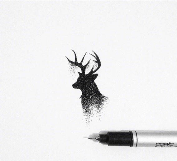 点击大图看下一张：黑色素描点刺技巧文艺唯美鹿头纹身手稿