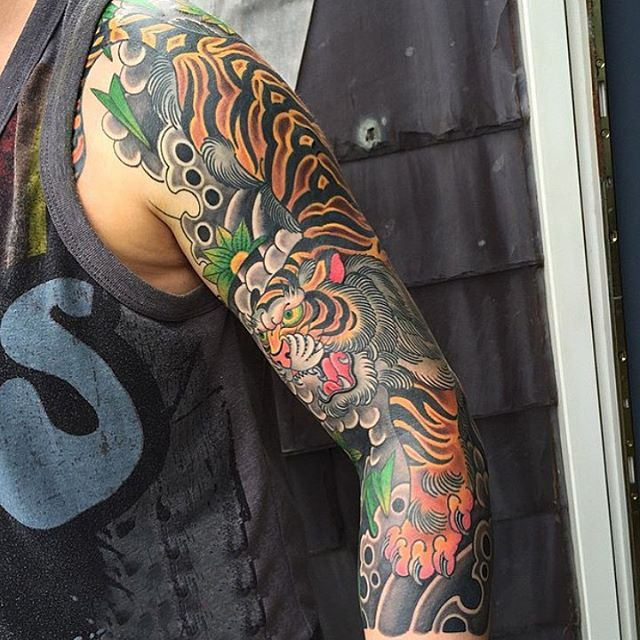 点击大图看下一张：男生手臂上彩绘水彩素描创意霸气老虎花臂纹身图片