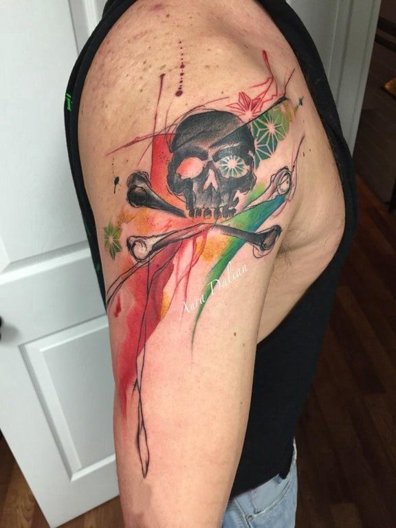 点击大图看下一张：男生手臂上黑灰素描创意骷髅水彩泼墨纹身图片