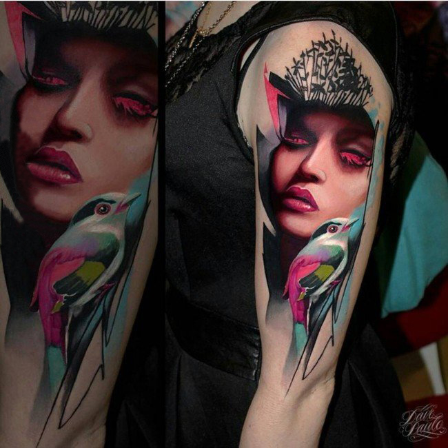 点击大图看下一张：女生手臂上彩绘水彩素描创意女生人物精美纹身图片