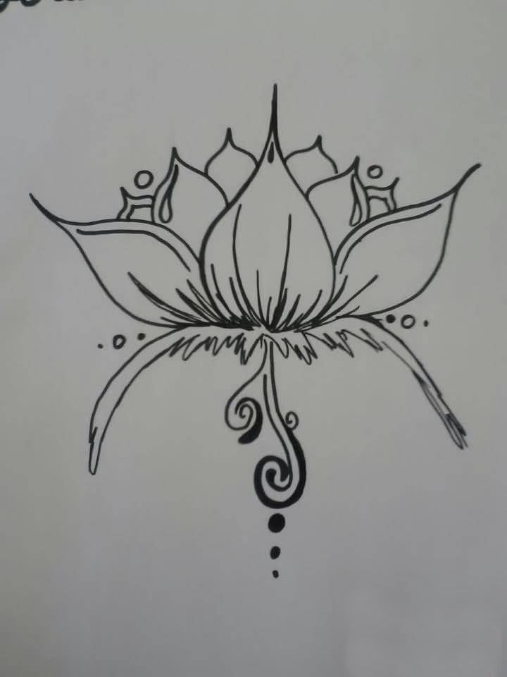 点击大图看下一张：唯美的黑色简单线条创意植物花朵莲花纹身手稿