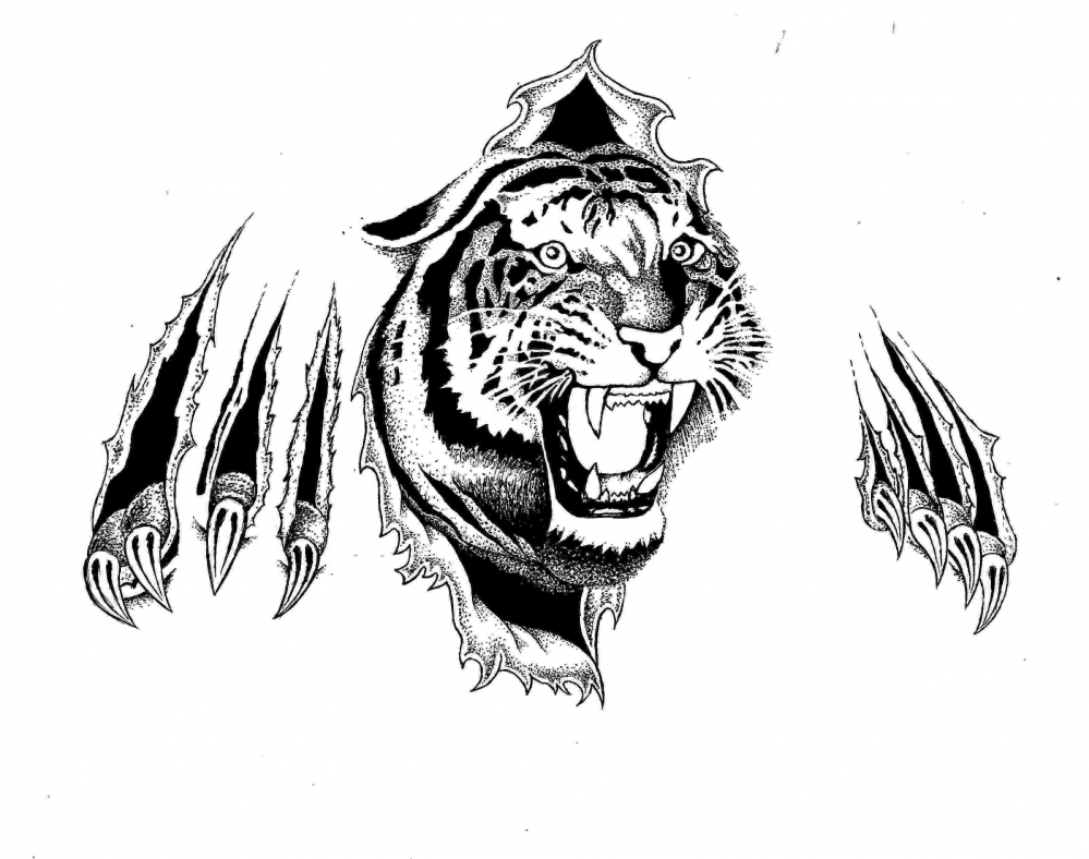 点击大图看下一张：黑灰素描描绘的创意霸气老虎纹身手稿