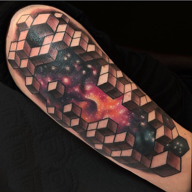 点击大图看下一张：男生手臂上彩绘水彩素描创意星空元素立体纹身图片