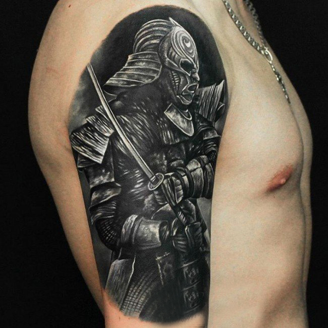 点击大图看下一张：男生手臂上黑灰素描点刺技巧创意战士纹身图片