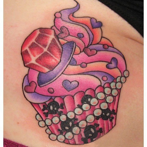 点击大图看下一张：女生手臂上彩绘几何抽象线条杯子蛋糕和钻石纹身图片