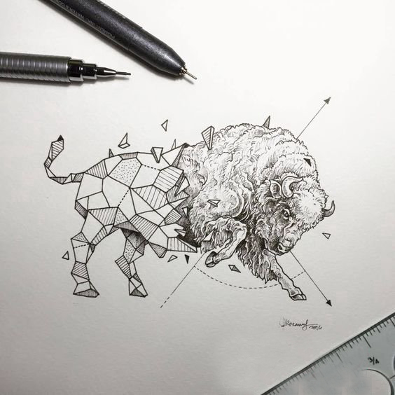 点击大图看下一张：创意十足的黑色点刺几何简单线条小动物牛纹身手稿
