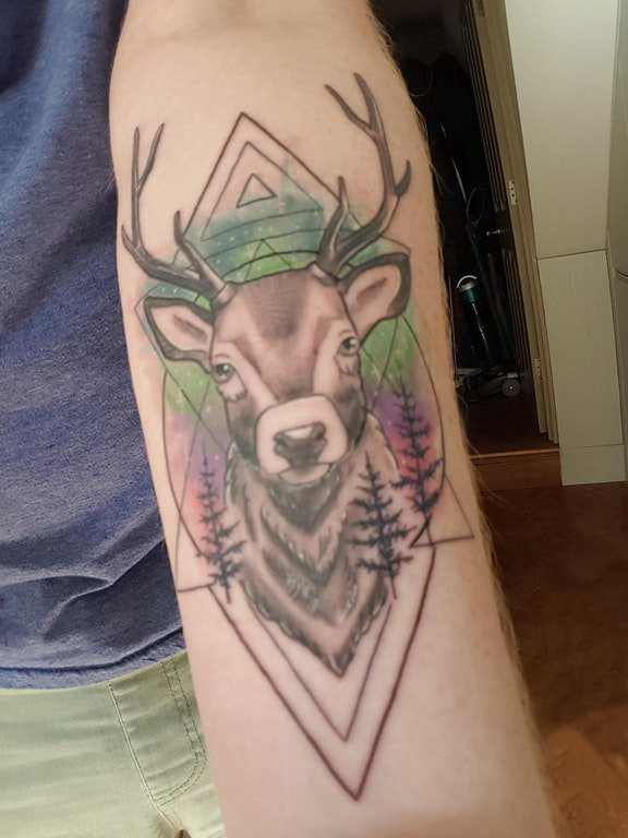 点击大图看下一张：男生手臂上彩绘渐变几何线条创意小动物鹿纹身图片