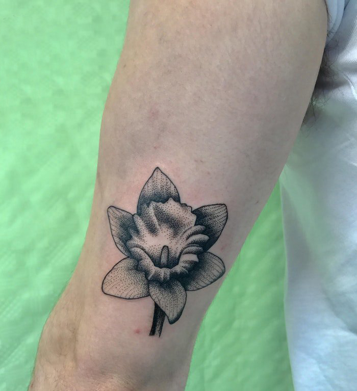 点击大图看下一张：男生手臂上黑灰点刺简单线条植物水仙花朵纹身图片